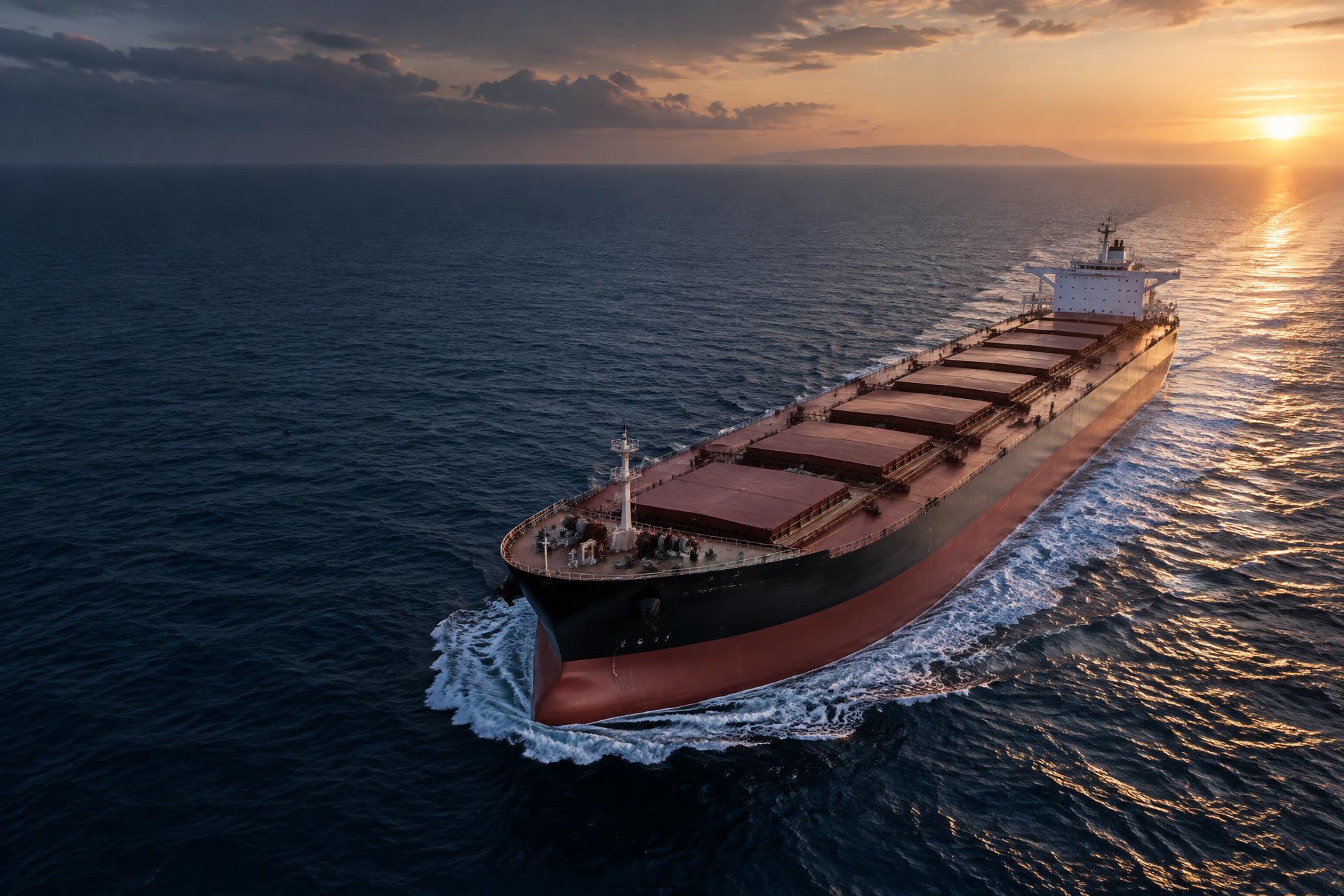 Bulk carrier crossing open ocean at sunset